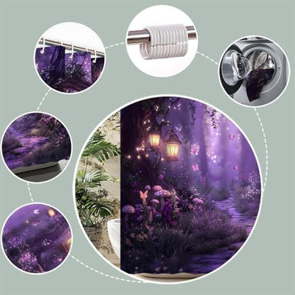 Fantasy Forest Path Shower Curtain Purple Fairy Magical Enchanted Misty Jungle Mushroom Floral Tree Butterfly Lantern Wonderland Bath Curtain Fabric Bathroom Accessories Decor with Hooks 70W x75L