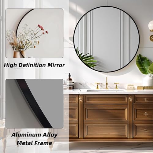 Round Black Mirror 28 Inch, Matte Black Frame, Large Circle Mirror