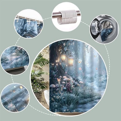 Fantasy Forest Path Shower Curtain Winter Fairy Magical Enchanted Misty Jungle Mushroom Floral Tree Butterfly Lantern Wonderland Bath Curtain Fabric Bathroom Accessories Decor with Hooks 70W x90L