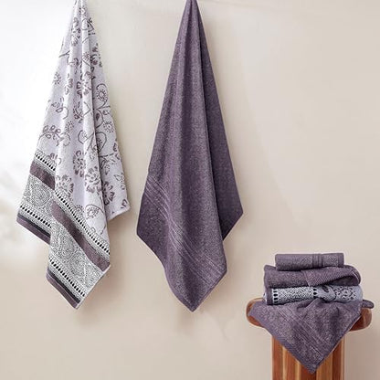 Modern Threads 6 Piece Bath Towel Set – Bathroom Set with 2 Bath Towels, 2 Hand Towels, and 2 Wash Cloths – 100% Cotton, Super Absorbent & Extra Soft – Reversible Floral Trail (Purple)