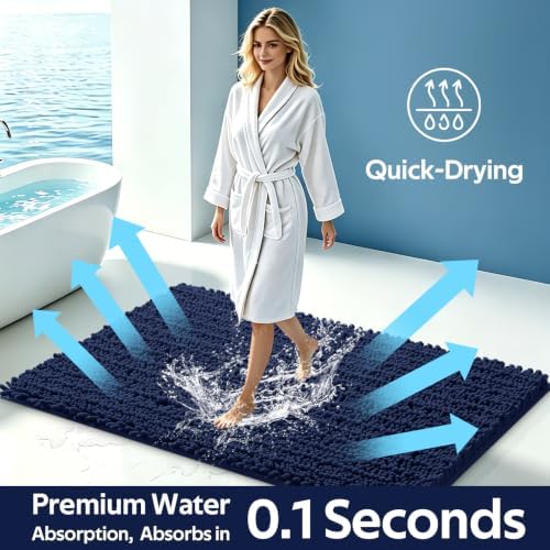 ACCUMTEK Upgrade Luxury 2 Piece Navy Blue Toilet Bathroom Rug Mat 32"x20"+24"x17", Ultra Soft Thick Absorbent Bath Mats, Non Slip Chenille Toilet Mat for Bathroom, Bedroom, Kitchen, Shower, Tub