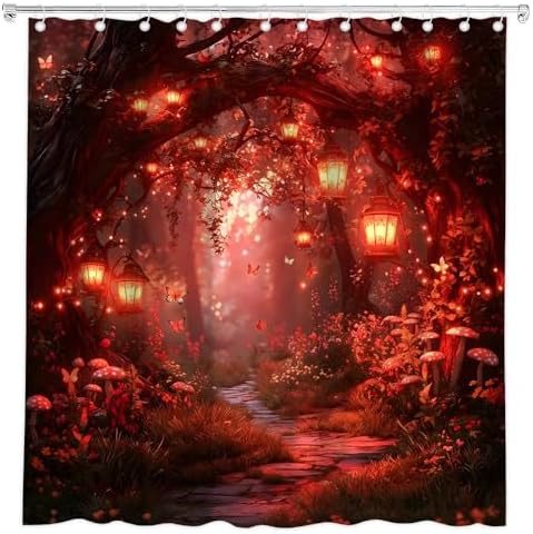 Fantasy Forest Path Shower Curtain Red Fairy Magical Enchanted Misty Jungle Mushroom Floral Tree Butterfly Lantern Wonderland Bath Curtain Fabric Bathroom Accessories Decor with Hooks 80W x70L