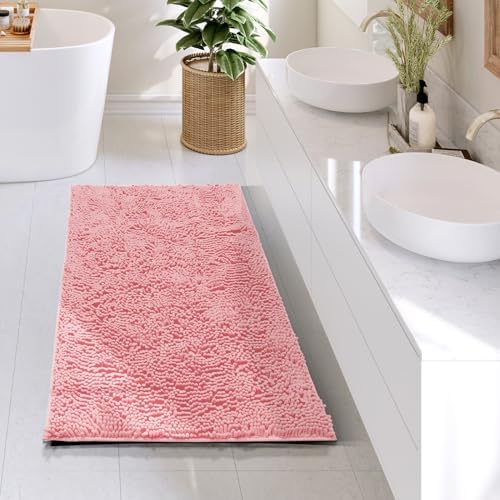 Hearth & Harbor Bathroom Rugs, Chenille Bath Mat - Machine Washable Bath Mats for Bathroom Non-Slip Backing Rubber, Quick Dry Bathroom Mat, 24 x 36 - Pink