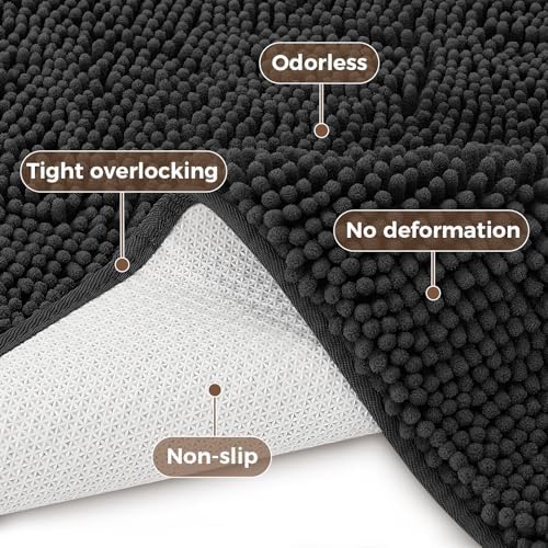 Bcoimo Bath Rug Mat Set,2 Piece Thick Absorbent Chenille Bathroom Mat Black