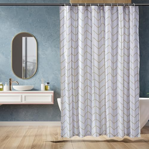 Amazon Basics Bathroom Shower Curtain, Water Resistant Fabric with Weighted Hem, Rust Resistant Grommets & Hooks, Machine Washable, 72"x72", Natural Herringbone