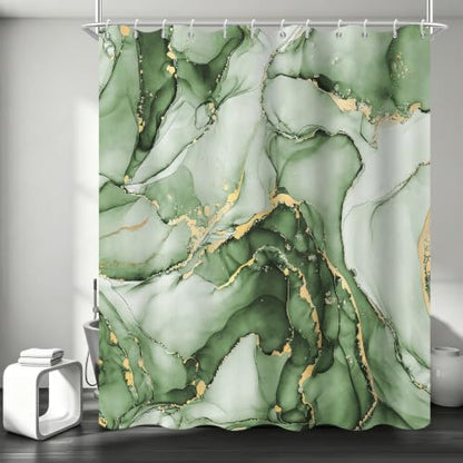 Olive Green Marble Shower Curtain Modern Abstract Luxury Gold Ink Texture Ombre Watercolor Bathroom Curtain Set with Hooks Soft and Lightweight Waterproof Fabric Machine Washable 36" Wx72 L