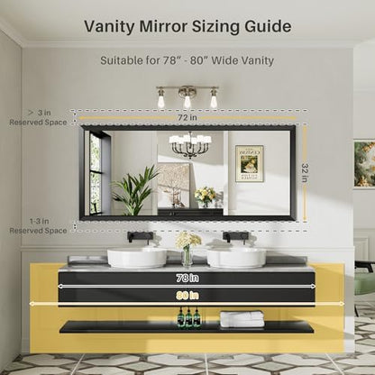 Briivue Black Metal Framed Bathroom Wall Mirror, 72x32 Inch