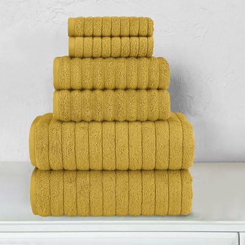 Elegant Comfort 100% Turkish Cotton Corduroy Ribbed Luxury Bath Towels 6-Piece Set, Premium Feel - Quick Dry, Highly Absorbent, Contains 2 Bath Towels, 2 Hand Towels, and 2 Washcloths, Gold