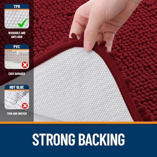 OLANLY Chenille Bathroom Rugs Mats Sets 2 Piece, 47"x20"+24"x20", Red