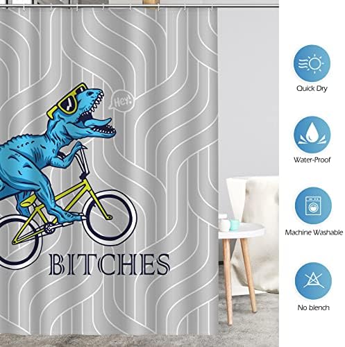 Aimego Funny Shower Curtain Blue Dinosaur Ride A Bike Pattern Cute Dino Pattern Shower Curtain Set with 12 Hooks for Bathroom Decor Accessories Bathtub Curtain, 72"x72"