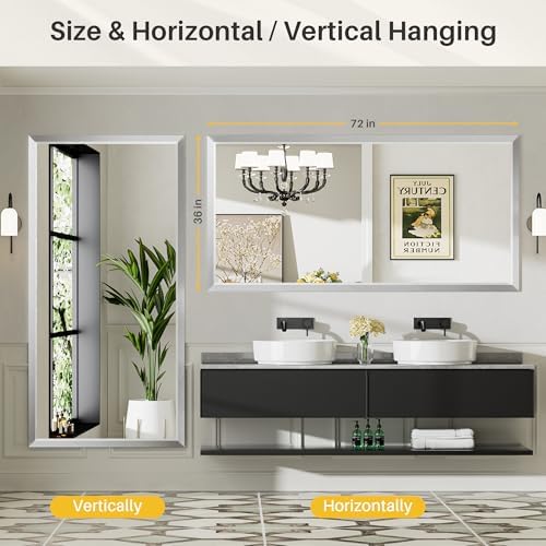 Briivue Bathroom Wall Mirror, Silver Brushed Nickel Metal Frame, 72x36 Inch