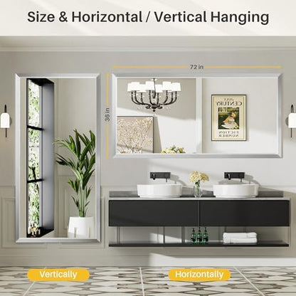 Briivue Bathroom Wall Mirror, Silver Brushed Nickel Metal Frame, 72x36 Inch