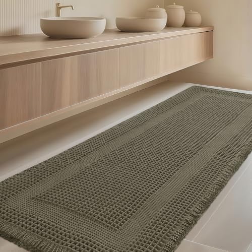 IM HOME Extra Large Waffle Bath Mat, Greyish Green 6'x2', Boho Bathroom Rugs Absorbent Non Slip, Ultra Soft Bathroom Mat, Machine Washable Knit Bath Rugs with Tassels for Bathroom, Kitchen, Tub