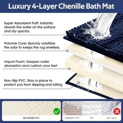ACCUMTEK Striped Navy Blue Bathroom Rug Set 3 Pieces Ultra Soft, Non Slip Chenille Toilet Mat, Absorbent Plush Shaggy Bath Mats for Bathroom, Bedroom, Kitchen