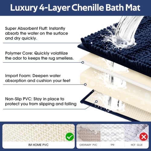 ACCUMTEK Striped Navy Blue Toilet Bathroom Rug Mat Set 2 piece Rug Ultra Soft, Non Slip Chenille Bath Rugs, Absorbent Plush Shaggy Bath Mats for Bathroom, Bedroom, Kitchen, Shower, Tub