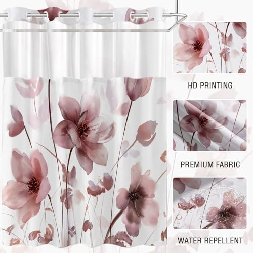 No Hook Shower Curtain and Liner Set, Red Boho Floral 71x77