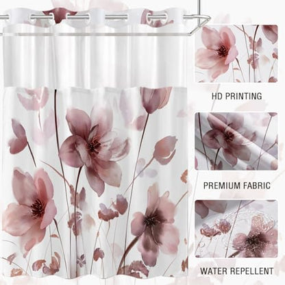 No Hook Shower Curtain and Liner Set, Red Boho Floral 71x74