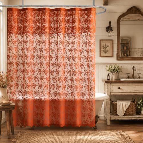 TUDECO Long Orange Shower Curtain with Attached Valance, 72W x 84L Inch