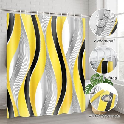 Bathroom Sets with Shower Curtain and Rugs, 4 Pcs Geometric Yellow