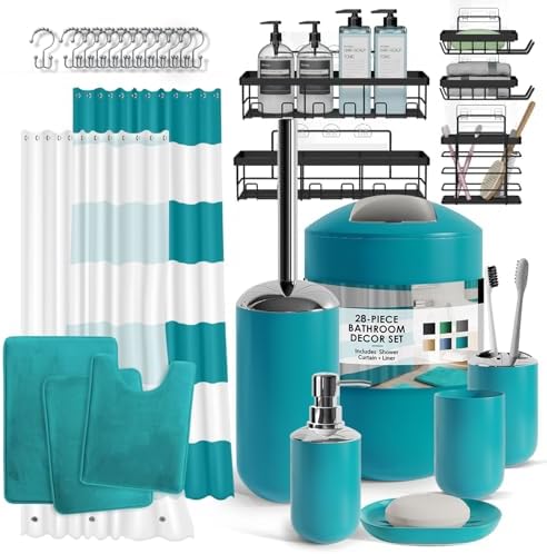 Clara Clark Bathroom Accessories Set - 28PC Bathroom Set with Adhesive Corner Shower Caddy Hanging, Bathroom Sets with Shower Curtain and Rugs, Teal Shower Curtain Set with Bathroom Trash Can