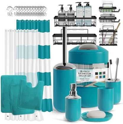 Clara Clark Bathroom Accessories Set - 28PC Bathroom Set with Adhesive Corner Shower Caddy Hanging, Bathroom Sets with Shower Curtain and Rugs, Teal Shower Curtain Set with Bathroom Trash Can