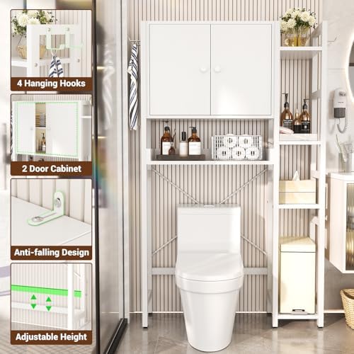 Over The Toilet Storage Cabinet with Doors - 7 Tier Bathroom Organizer with Adjustable Shelf, Freestanding Space Saver Rack Above Toilet Stand with 4 Hooks for Bathroom, Restroom, Laundry, White