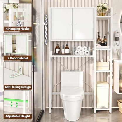 Over The Toilet Storage Cabinet with Doors - 7 Tier Bathroom Organizer with Adjustable Shelf, Freestanding Space Saver Rack Above Toilet Stand with 4 Hooks for Bathroom, Restroom, Laundry, White