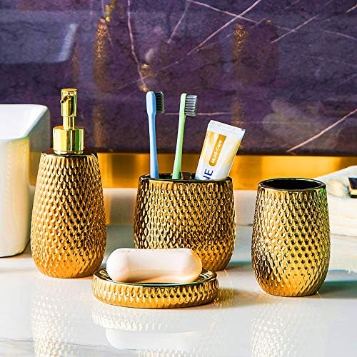 Gold Bathroom Accessory Set 4 Piece Ceramic Bath Accessories Sets Complete, Rain- Drop Shaped Bathroom Essential with Toothbrush Holder & Dish, Tumbler, Soap Dispenser Set for Bath Decor