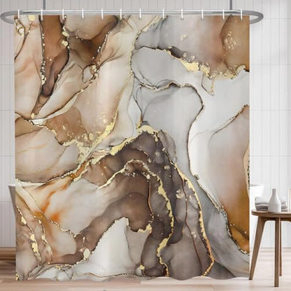 Brown Marble Shower Curtain, Modern Abstract Luxury Brown Gold Ink Texture Watercolor Art Bathroom Curtains Ombre Machine Washable Waterproof Fabric Bathtub Curtain Set with Hooks 66" Wx72 L
