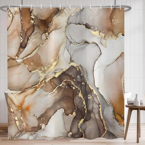 Brown Marble Shower Curtain, Modern Abstract Luxury Brown Gold Ink Texture Watercolor Art Bathroom Curtains Ombre Machine Washable Waterproof Fabric Bathtub Curtain Set with Hooks 48" Wx72 L