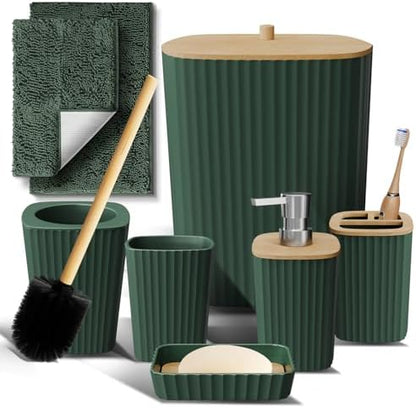 Clara Clark Bathroom Set - Hunter Green Bathroom Accessories Set, 6PC Bathroom Accessory Set, Bathroom Sets with Bathroom Rugs, Toilet Brush, Trash Can & Soap Dispenser