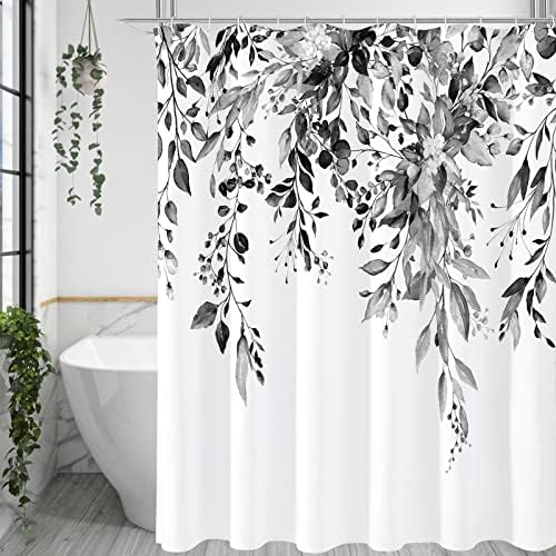 Gibelle Black Eucalyptus Shower Curtain, Watercolor Floral Print, 72x90