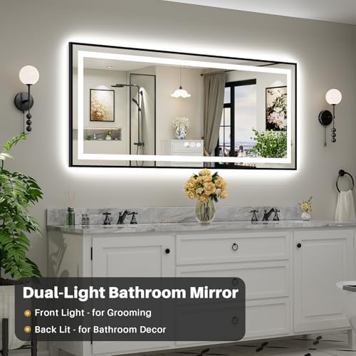 72x32 Inch LED Bathroom Mirror with Black Frame, Backlit & Front Lit