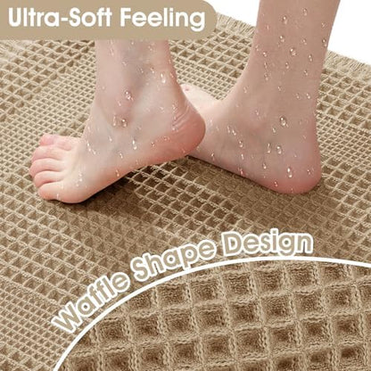 Upgraded Waffle Bath Mat Set 2 Piece Beige-Looped, Super Absorbent Non-Slip Quick Dry Bathroom Rugs with Tassels, Machine Washable Ultra Soft Boho Bath Rugs for Floor, Toilet Mats Boho Farmhouse Decor