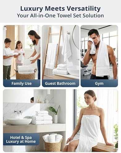 LANE LINEN Towel Set for Bathroom 12 Piece Soft Absorbent Quick Dry - White