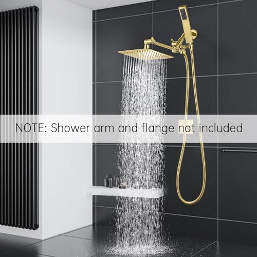 G-Promise All Metal 10" Dual Square Shower Head Combo | Rain Shower Head | Handheld Shower Wand | Adjustable | 3-Way Diverter | 71" Extra Long Hose - A Bathroom Upgrade (Polished Brass)