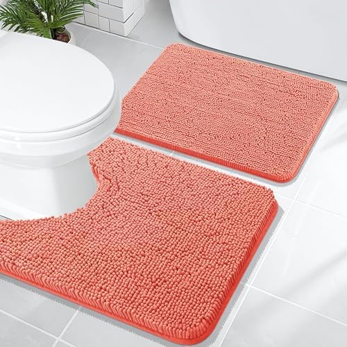 OLANLY Chenille Bathroom Rugs Mats Sets 2 Piece, 24"x16"+24"x20", Coral