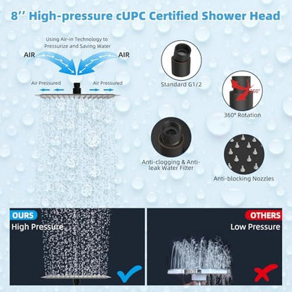 Hibbent All Metal CUPC Certified 8'' Rain Shower Head, Dual Shower Head Combo, High Pressure Handheld 4 Sprays Shower Wand, 16'' Adjustable Extension Arm, 71'' Hose, Shower Holder, Oil Rubbed Bronze