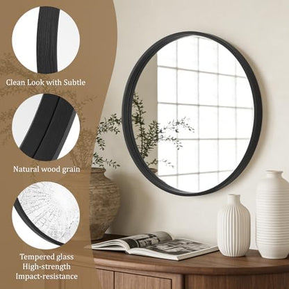 WallBeyond Black Round Wood Mirror 24 inch Circle Wall Mirror for Bathroom Round Wall Mirror for Wall Decor, Vanity, Entryway Living Room