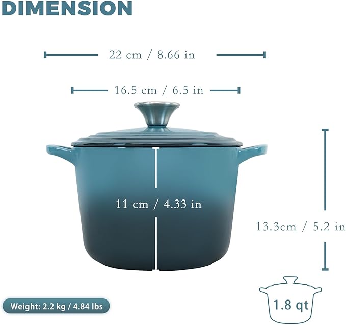 Flavehc Dutch Oven Pot with Lid 1.8 Qt Cast Iron Dutch Oven for Bread Baking, Slateblue Enameled Cast Iron Rice Pot, Small Deep Dutch Oven for Rice, Beans & Side Dishes