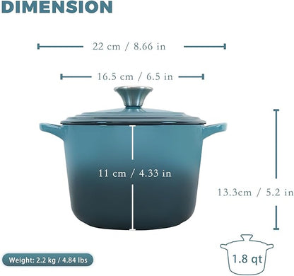 Flavehc Dutch Oven Pot with Lid 1.8 Qt Cast Iron Dutch Oven for Bread Baking, Slateblue Enameled Cast Iron Rice Pot, Small Deep Dutch Oven for Rice, Beans & Side Dishes