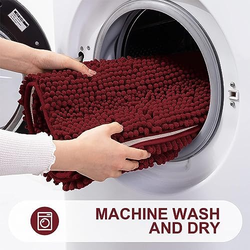 Grandaily Chenille Striped Bathroom Rugs 59x24, Extra Thick and Absorbent Bath Mats, Non-Slip Soft Plush Shaggy Shower Carpet, Machine Wash Dry, Bath Rug for Bathroom, Burgundy