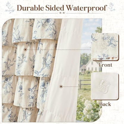 Extra Long Farmhouse Ruffle Shower Curtains with Blue Floral, 72"Wx90"L