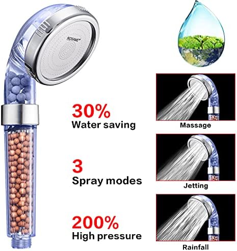 Nosame® Shower Head with Hose and Braket, Filter Filtration High Pressure Water Saving 3 Mode Function Spray Handheld Showerheads for Dry Skin & Hair