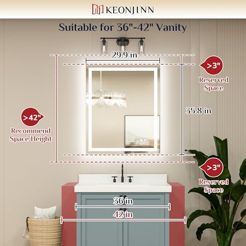 Keonjinn 30x36 Inch LED Bathroom Mirror with Lights, 3-Color Temperature