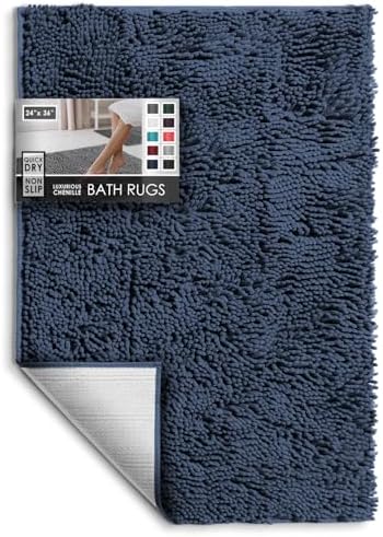 Hearth & Harbor Bathroom Rugs, Chenille Bath Mat - Machine Washable Bath Mats for Bathroom Non-Slip Backing Rubber, Quick Dry Bathroom Mat - Navy Blue 24x36