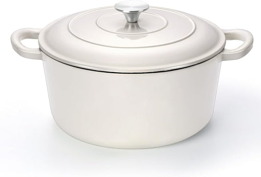 TeamFar 6Qt Dutch Oven, Enameled Cast Iron Dutch Oven Pot with Lid & Dual Handles for Bread Baking, Cooking, Simmer, Non Toxic & Heavy Duty, Oven Safe & Various Stovetops Suitable - Cream White