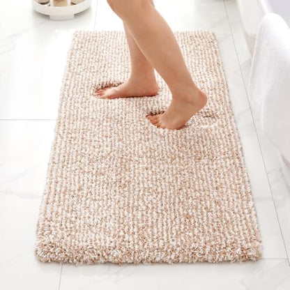 ILANGO Beige and White Bathroom Rugs 70" × 24" Non Slip & Super Absorbent Thick Soft, Washable Bath Carpet Runner for Floor, Microfiber Plush Shaggy Bath Mats for Bedroom Bathtub Shower Room