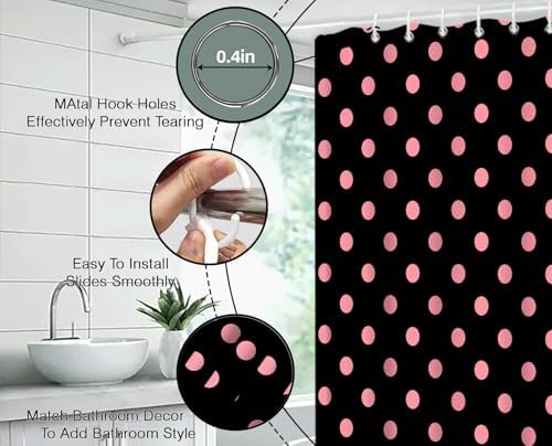 Polka Dot Shower Curtain Pink Spot Black Retro Vintage Fabric Decorative Bathroom Curtains with Hooks,70" Wx84 H