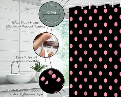 Polka Dot Shower Curtain Pink Spot Black Retro Vintage Fabric Decorative Bathroom Curtains with Hooks,70" Wx84 H
